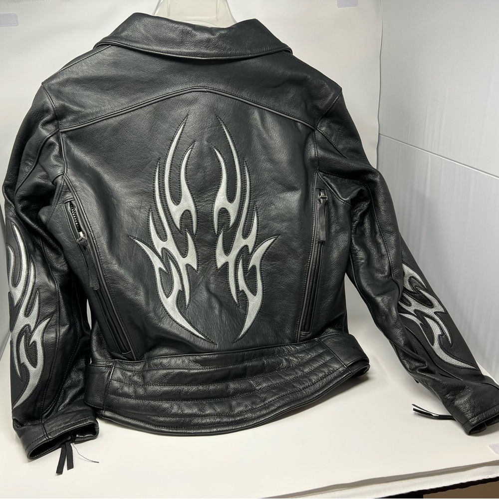 First Gear lined motorcycle jacket with silver flame detailing.